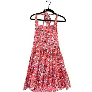 Armani Exchange Red Floral Print Cotton Halter Fit and Flare Sundress